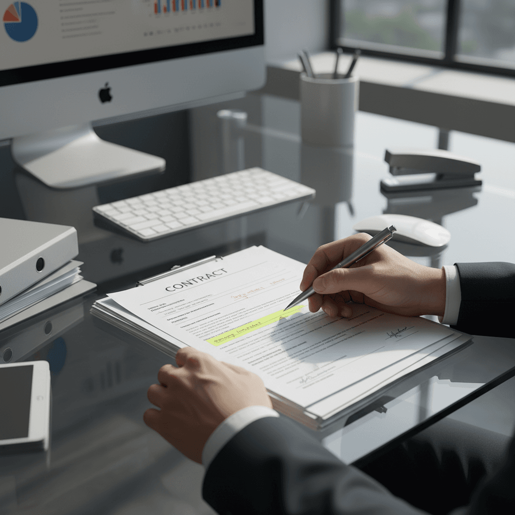 Professional reviewing financial contracts at a desk with documents and computer