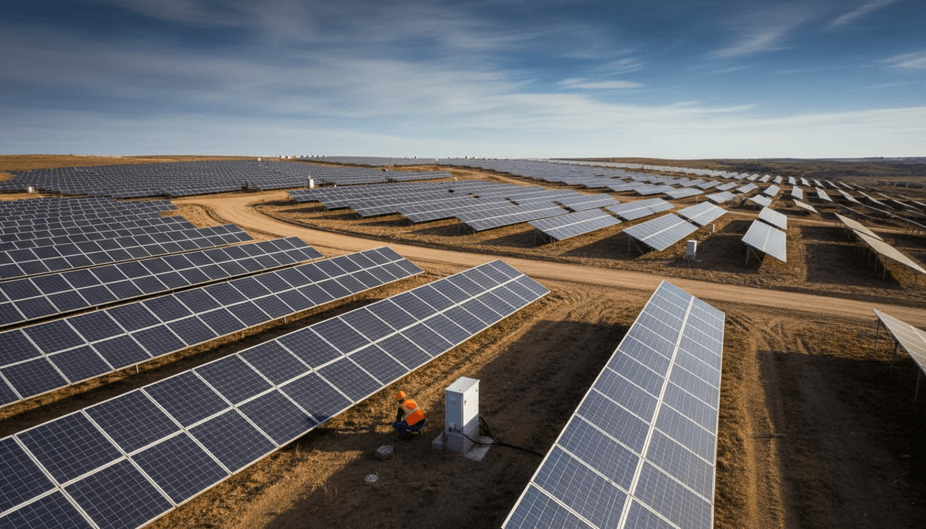 Solar panels and wind turbines in a renewable energy field