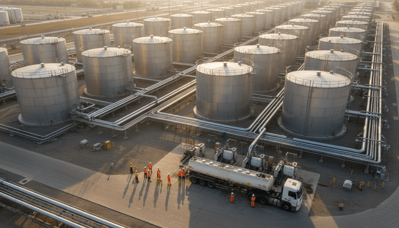 Aerial view of fuel storage tanks