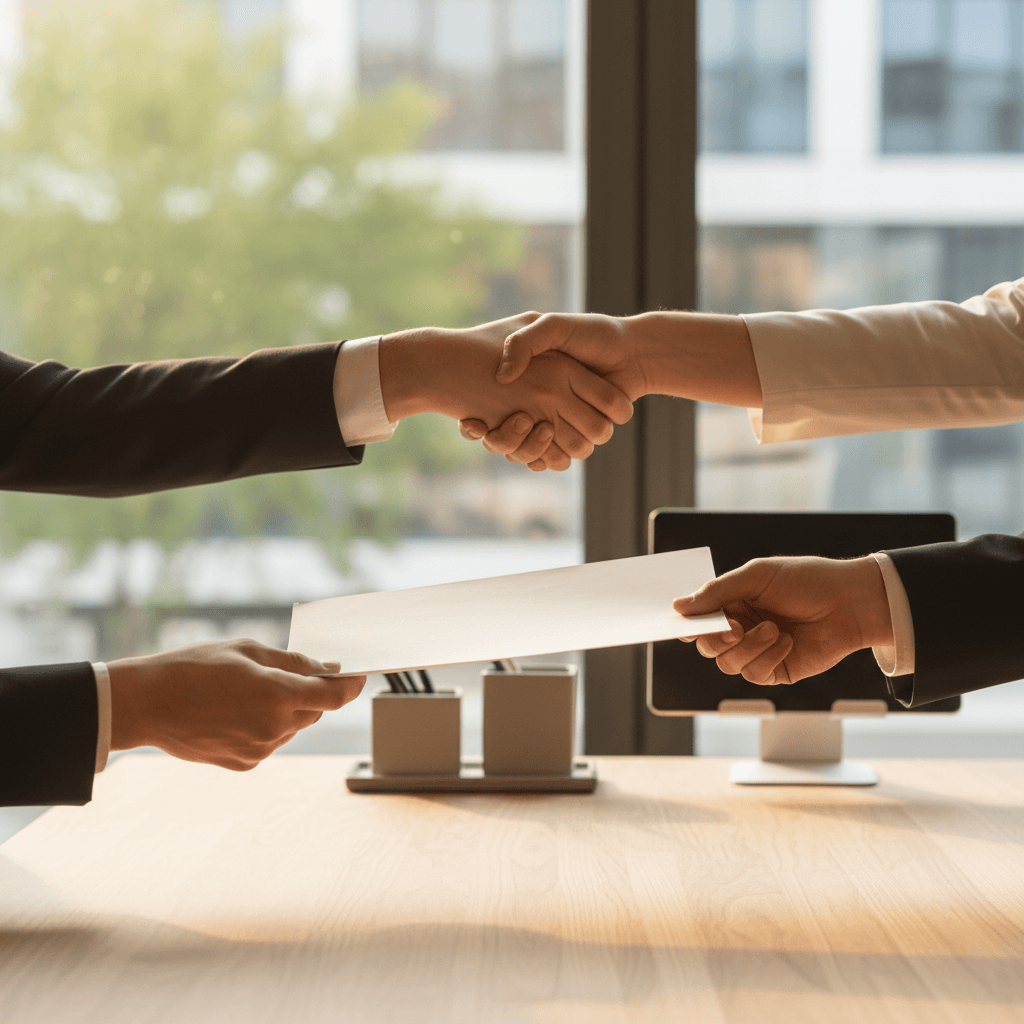 Business professionals shaking hands over contract documents in a modern office