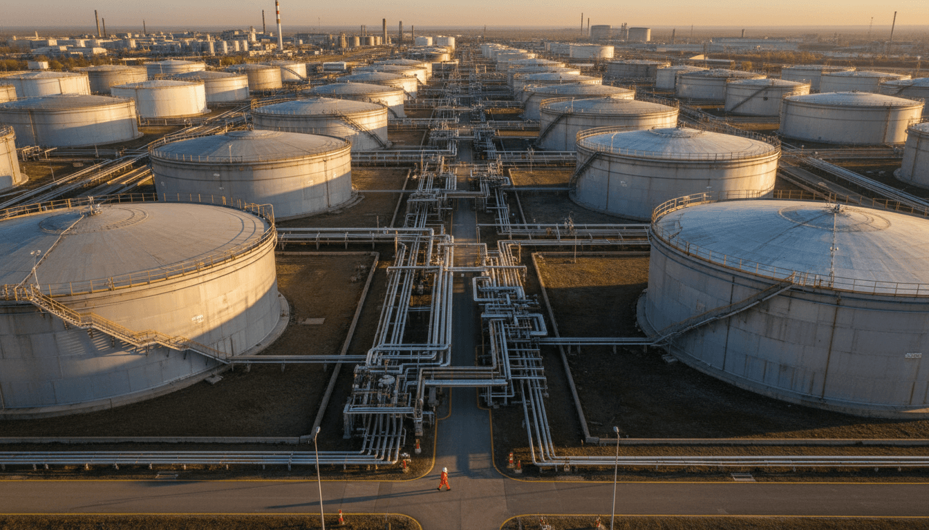 Aerial view of oil storage tanks at a large terminal facility
