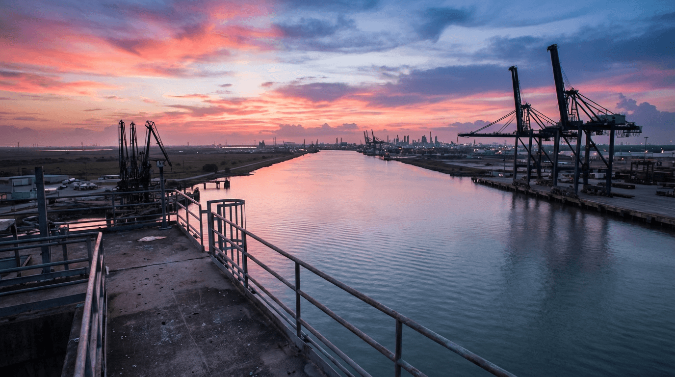Aerial view of a shipping port with tanker vessels at dusk