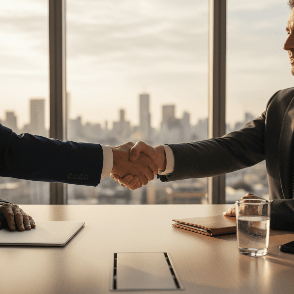 Business professionals concluding a contract agreement in a meeting room