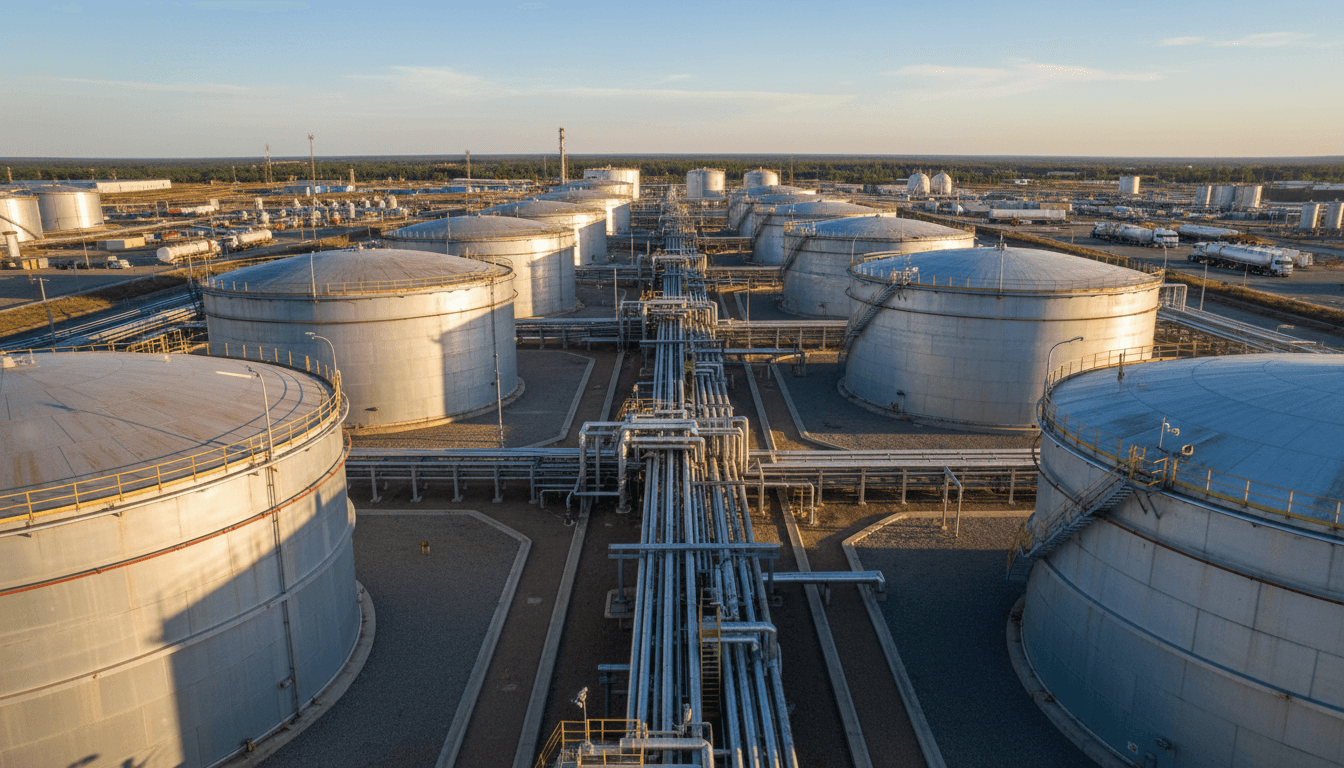 Petroleum storage tanks at an industrial facility